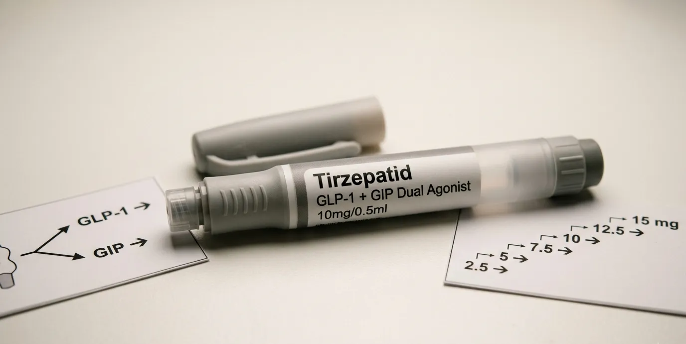 Tirzepatid und Mounjaro: Wirkung, Dosierung und Semaglutid 5 Tirzepatid-Fertigpen mit GLP-1-GIP-Dualagonist-Etikett neben Twinkretin-Rezeptordiagramm (zwei Pfeile GLP-1 und GIP) und 2,5-auf-15-mg-Titrationsleiter – erster zugelassener dualer GIP/GLP-1-Agonist Mounjaro und Zepbound mit 22,5-Prozent-Gewichtsverlust bei 15 mg pro Woche, SURMOUNT-5-Überlegenheit gegenüber Semaglutid Wegovy