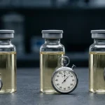 Drei Trenbolon-Injectable-Vials nebeneinander mit Stoppuhren steigender Größe – Ester-Clearance-Vergleich: Acetat (Halbwertszeit ~3 Tage), Enantat (~7–10 Tage) und Parabolan (~14 Tage) als Entscheidungsgrundlage für die erste Tren-Kur
