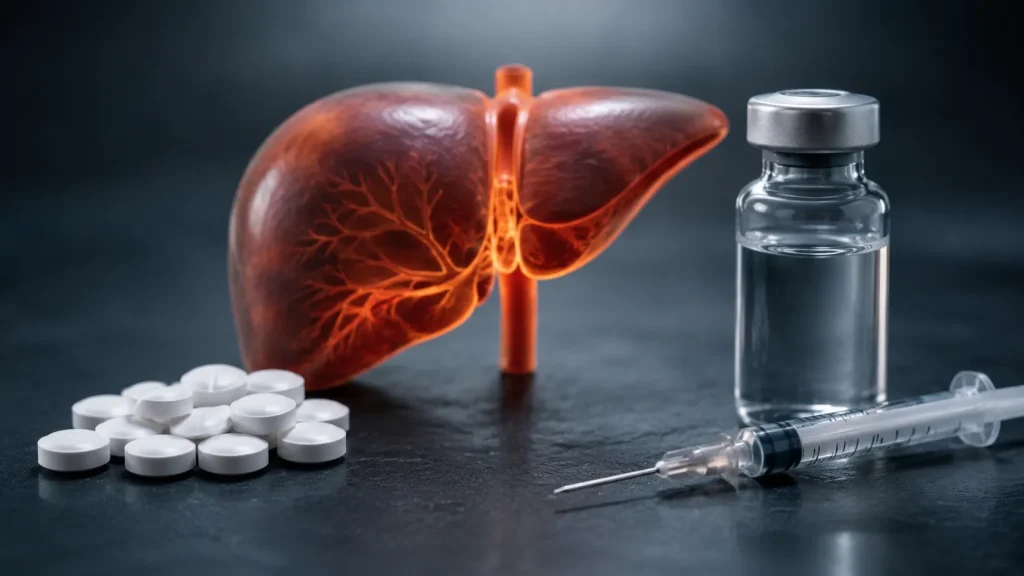 Stanozolol-Tabletten und Winstrol-Depot-Ampulle nebeneinander mit Leber-Silhouette – Vergleich der First-Pass-Hepatotoxizität und Bioverfügbarkeit beider Applikationsformen