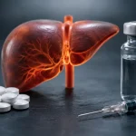 Stanozolol-Tabletten und Winstrol-Depot-Ampulle nebeneinander mit Leber-Silhouette – Vergleich der First-Pass-Hepatotoxizität und Bioverfügbarkeit beider Applikationsformen