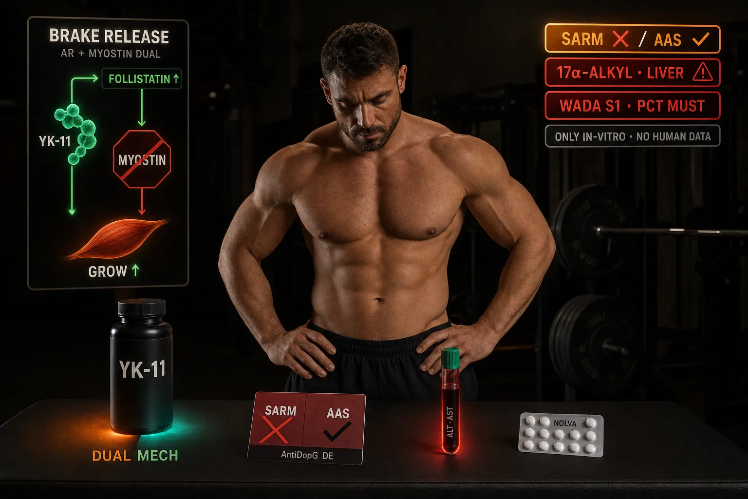 YK-11 Steroid-Hybrid: Follistatin-Myostatin, partieller AR-Agonismus und Hepatotoxizität 7 Erfahrener Bodybuilder im Gym mit YK-11-Flakon, SARM-AAS-Klassifikationskarte, ALT-AST-Blutröhrchen und PCT – Steroid-Hybrid mit Follistatin-Myostatin-Mechanismus und 17-alpha-Alkylierung