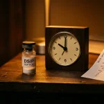 DSIP-Delta-Schlaf-induzierendes-Nonapeptid-Lyophilisat-Vial auf dunkler-Holz-Nachttischoberfläche neben Analoguhr-22-Uhr-Schlafenszeit und gerolltem-EEG-Papierstreifen-mit-Delta-Wellen-Slow-Wave-Sleep-Muster in warmem-Amber-Abendlicht – kein-Sedativum, HPA-Cortisol-Hemmung nachgewiesen, spezifischer-Rezeptor-nach-50-Jahren-nicht-identifiziert, Schoenenberger-Monnier-1974-Basel, Evidenzlage-dünn-widersprüchlich, subkutanes-Protokoll-100-200-mcg-abends