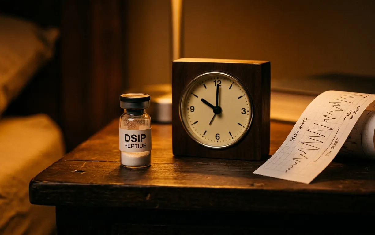 DSIP-Delta-Schlaf-induzierendes-Nonapeptid-Lyophilisat-Vial auf dunkler-Holz-Nachttischoberfläche neben Analoguhr-22-Uhr-Schlafenszeit und gerolltem-EEG-Papierstreifen-mit-Delta-Wellen-Slow-Wave-Sleep-Muster in warmem-Amber-Abendlicht – kein-Sedativum, HPA-Cortisol-Hemmung nachgewiesen, spezifischer-Rezeptor-nach-50-Jahren-nicht-identifiziert, Schoenenberger-Monnier-1974-Basel, Evidenzlage-dünn-widersprüchlich, subkutanes-Protokoll-100-200-mcg-abends