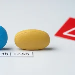 Blaue-runde-Sildenafil-Generika-Tablette neben gelb-ovaler-Tadalafil-Generika-Tablette mit 4h-vs-17-5h-Halbwertszeit-Vergleichskarte und rotem Warndreieck-Signal – PDE-5-Hemmer-Vergleich bei AAS-induzierter erektiler Dysfunktion im Bodybuilding: Sildenafil bedarfsorientiert versus Tadalafil täglich, kritische Nitrat-Kontraindikation 48h-Tadalafil-Sicherheitsabstand, multifaktorielle Ursachen Östrogen-Crash und Hyperprolaktinämie-19-Nor und post-cycle-Hypogonadismus