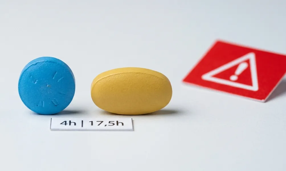 Blaue-runde-Sildenafil-Generika-Tablette neben gelb-ovaler-Tadalafil-Generika-Tablette mit 4h-vs-17-5h-Halbwertszeit-Vergleichskarte und rotem Warndreieck-Signal – PDE-5-Hemmer-Vergleich bei AAS-induzierter erektiler Dysfunktion im Bodybuilding: Sildenafil bedarfsorientiert versus Tadalafil täglich, kritische Nitrat-Kontraindikation 48h-Tadalafil-Sicherheitsabstand, multifaktorielle Ursachen Östrogen-Crash und Hyperprolaktinämie-19-Nor und post-cycle-Hypogonadismus