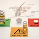 Finasterid-1mg-Weißtablette mit drei-Wege-Compound-Kompatibilitätsmatrix – grünes Signal bei Testosteron-Vial (5α-Reduktase-Hemmung wirkt, DHT-Reduktion 60–70%), rotes Signal bei DHT-Derivat-Tablette (Masteron-Anavar-Winstrol wirkungslos als bereits aktives Endprodukt), Warnsignal bei Nandrolon-Deca-Vial (paradox kontraproduktiv: Finasterid blockiert protektive DHN-Umwandlung) auf Haarfollikel-Miniaturisierungs-Querschnitt