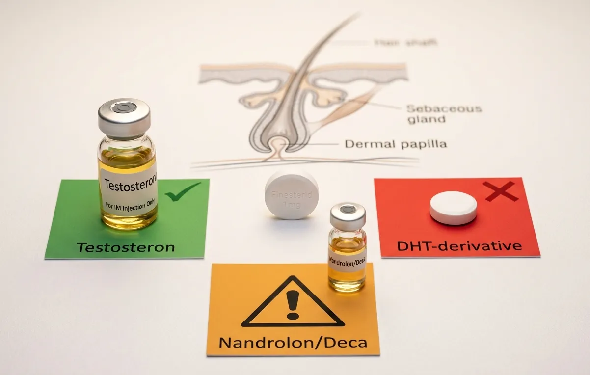 Finasterid-1mg-Weißtablette mit drei-Wege-Compound-Kompatibilitätsmatrix – grünes Signal bei Testosteron-Vial (5α-Reduktase-Hemmung wirkt, DHT-Reduktion 60–70%), rotes Signal bei DHT-Derivat-Tablette (Masteron-Anavar-Winstrol wirkungslos als bereits aktives Endprodukt), Warnsignal bei Nandrolon-Deca-Vial (paradox kontraproduktiv: Finasterid blockiert protektive DHN-Umwandlung) auf Haarfollikel-Miniaturisierungs-Querschnitt
