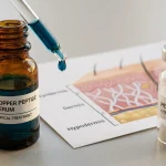 GHK-Cu-Kupferpeptid-Serum-Tropfflasche mit charakteristisch blauer Kupferion-Teal-Lösung und einzelnem blauen Tropfen neben lyophilisiertem weißem Research-Peptid-Vial auf Haut-Kollagen-Querschnittsdiagramm – topisch-vs-injizierbar-Evidenz-Distinktion: RCT-belegte topische Anwendung 1–3% Copper-Tripeptide-1 für Kollagen-Stimulation und Lee-2016-7-Komma-4-facher-Hair-Count-Anstieg versus evidenzschwache injizierbare humane GHK-Cu-Anwendung ohne Phase-III-RCTs