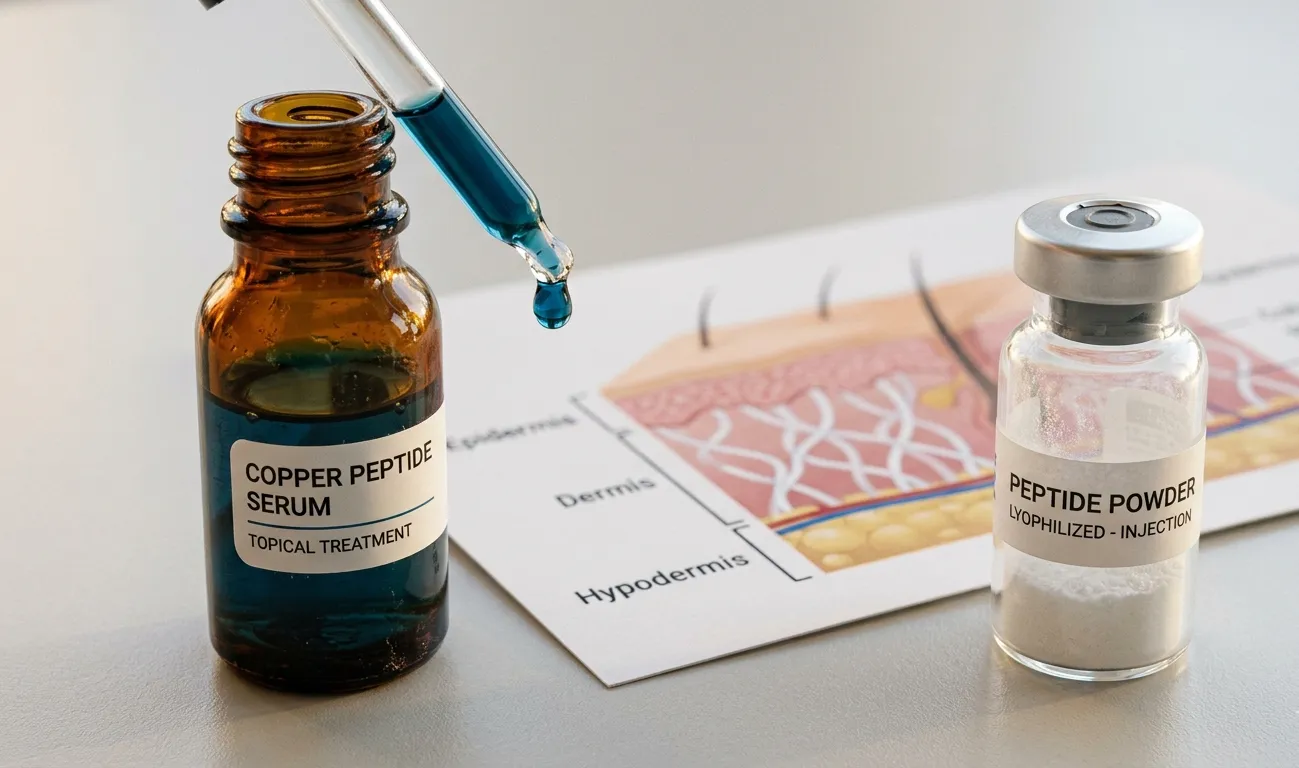 GHK-Cu-Kupferpeptid-Serum-Tropfflasche mit charakteristisch blauer Kupferion-Teal-Lösung und einzelnem blauen Tropfen neben lyophilisiertem weißem Research-Peptid-Vial auf Haut-Kollagen-Querschnittsdiagramm – topisch-vs-injizierbar-Evidenz-Distinktion: RCT-belegte topische Anwendung 1–3% Copper-Tripeptide-1 für Kollagen-Stimulation und Lee-2016-7-Komma-4-facher-Hair-Count-Anstieg versus evidenzschwache injizierbare humane GHK-Cu-Anwendung ohne Phase-III-RCTs