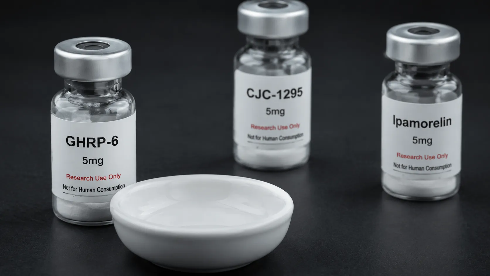 GHRP-6-lyophilisiertes-Forschungspeptid-Vial mit leerem-keramischen-Ramekin-Hunger-Appetit-Signal davor neben CJC-1295-GHRH-Analog-Stackingpartner-Vial im Hintergrund und Ipamorelin-Vergleichsvial-ohne-Appetitstimulations-Element rechts – Ghrelin-Rezeptor-GHS-R1a-GH-Sekretagog: starke-NPY-AgRP-Appetit-Stimulation Bulking-Vorteil vs Cutting-Nachteil, Saturation-Dose-100mcg, CJC-1295-Synergismus-Goldstandard, Ipamorelin-appetitfreie-Alternative