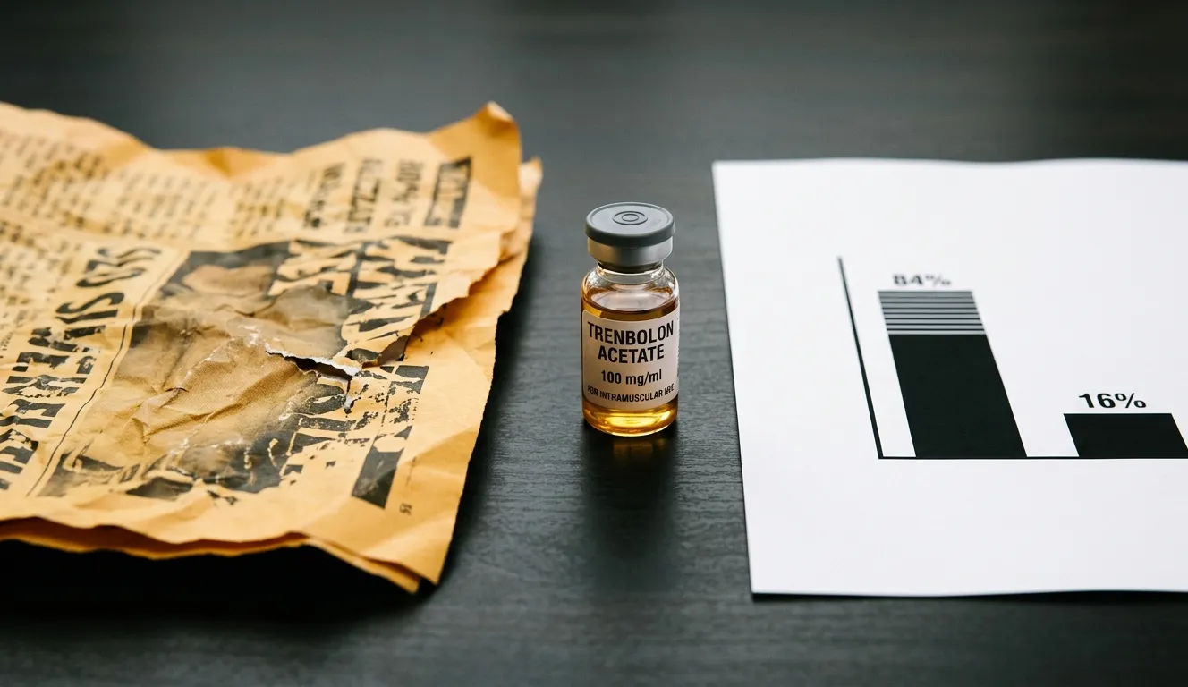 Roid Rage: Steroide & Aggression — Mythos vs. Evidenz 15 Trenbolon-Injectable-Vial zwischen zerknittertem-warmem-Boulevardblatt-Mythos-Darstellung links und sauberem-kühlem-Forschungsdokument-mit-Balkendiagramm-Effektgröße rechts – Roid-Rage-Mythos-versus-Evidenz: Pope-Kouri-Hudson-2000-RCT-84-Prozent-minimale-Effekte-12-Prozent-mild-hypomanisch, Chegeni-2021-Meta-Analyse-Hedges-g-0-171, Trenbolon höchstes-Risiko-psychiatrischer-Effekte durch ZNS-Androgenrezeptor-Aktivierung, Post-Cycle-hypogonadaler-Depressionszustand