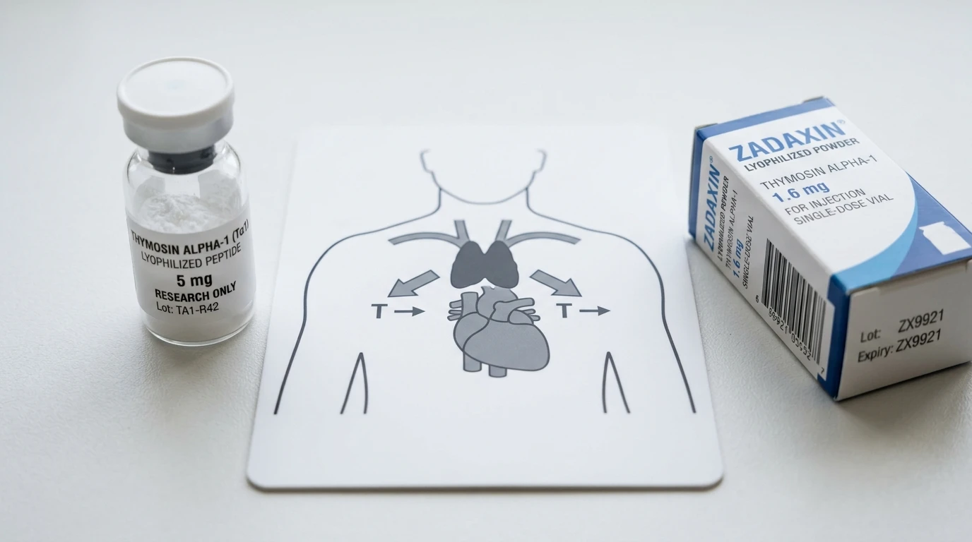 Thymosin-Alpha-1-Tα1-lyophilisiertes-28-Aminosäuren-Peptid-Vial neben Thymus-Drüsen-Schmetterlingsform-Anatomiekarte-mit-T-Zell-Reifungspfeil und klinischer-Zadaxin-Format-Pharmaverpackung auf weißer-klinischer-Oberfläche – Immunmodulator-kein-Anabolikum: TLR-dendritische-Zellen-Th1-Th2-Gleichgewicht, Zadaxin-35-Länder-Hepatitis-B-C-zugelassen, Goldstein-1977-George-Washington-University, Tα1-ungleich-TB-500-Thymosin-Beta-4-verschiedene-Sequenzen-Zielgewebe-Mechanismen