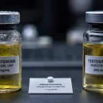 Nasses-Testosteron-Vial-mit-Kondensationstropfen links neben Anastrozol-Tablet-Gegenstrategie-Karte und trockenem-Masteron-Vial-ohne-Kondensation rechts – vier pharmakologische Wassereinlagerungs-Mechanismen: Östrogen-Aromatisierung, Mineralocorticoid-Mimikry-Anadrol, 19-Nor-Progesteron-Aktivität-Nandrolon-Trenbolon und direkte-Androgenrezeptor-Nieren-Aktivierung mit mechanismus-spezifischer-Anastrozol-Cabergolin-Spironolacton-Gegenstrategie-Matrix