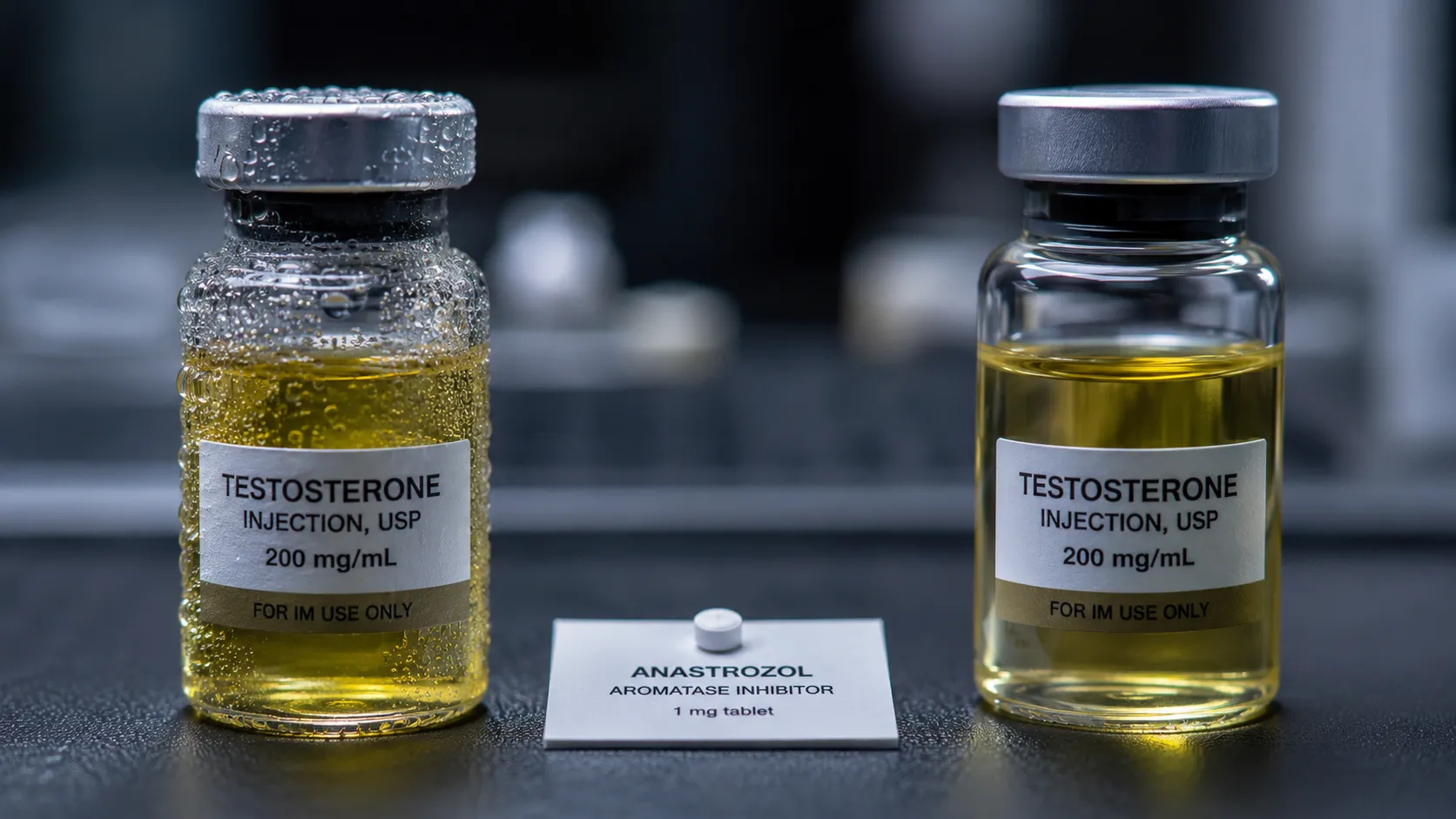 Nasses-Testosteron-Vial-mit-Kondensationstropfen links neben Anastrozol-Tablet-Gegenstrategie-Karte und trockenem-Masteron-Vial-ohne-Kondensation rechts – vier pharmakologische Wassereinlagerungs-Mechanismen: Östrogen-Aromatisierung, Mineralocorticoid-Mimikry-Anadrol, 19-Nor-Progesteron-Aktivität-Nandrolon-Trenbolon und direkte-Androgenrezeptor-Nieren-Aktivierung mit mechanismus-spezifischer-Anastrozol-Cabergolin-Spironolacton-Gegenstrategie-Matrix