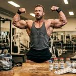 Muskulöser Bodybuilder zeigt Front-Doppelbizeps-Pose im Fitnessstudio mit Testosteron Enantat, Deca Durabolin, Trenbolon Acetat und Dianabol Fläschchen auf dem Tisch im Vordergrund — anabole Steroide für Muskelhypertrophie