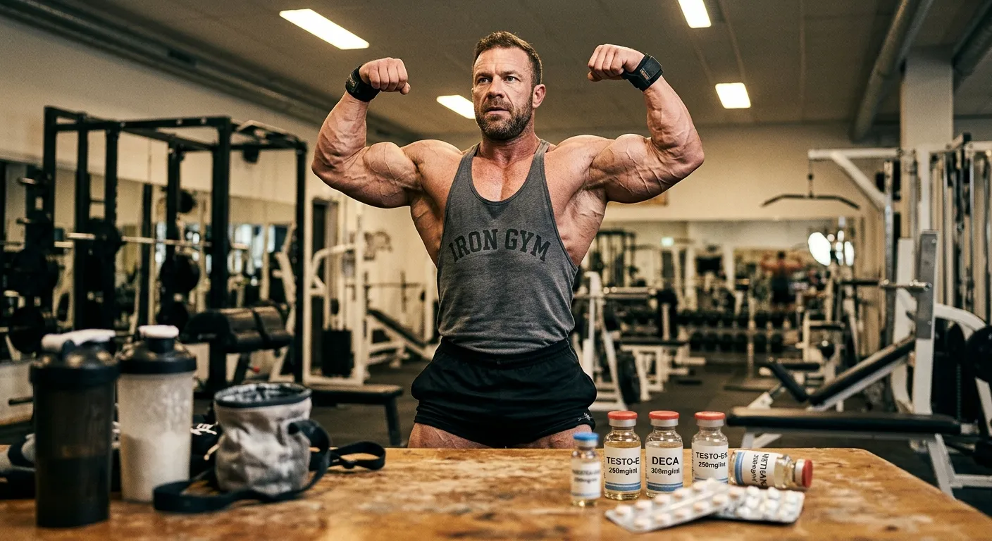 HomepageN 14 Muskulöser Bodybuilder zeigt Front-Doppelbizeps-Pose im Fitnessstudio mit Testosteron Enantat, Deca Durabolin, Trenbolon Acetat und Dianabol Fläschchen auf dem Tisch im Vordergrund — anabole Steroide für Muskelhypertrophie