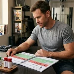 Bodybuilder plant Blast and Cruise Zyklus am Schreibtisch mit Wochenkalender — grüne Cruise-Phasen 150mg und rote Blast-Phasen 500mg+ neben Testosteron-Enantat-Fläschchen und oralen Steroiden