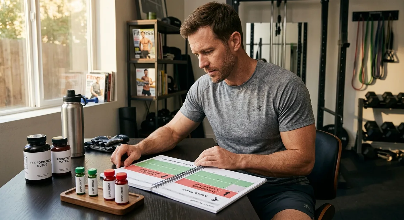 HomepageN 15 Bodybuilder plant Blast and Cruise Zyklus am Schreibtisch mit Wochenkalender — grüne Cruise-Phasen 150mg und rote Blast-Phasen 500mg+ neben Testosteron-Enantat-Fläschchen und oralen Steroiden