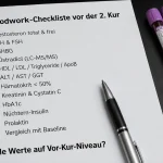 Klinische Checkliste mit 12 Blutmarkern vor der zweiten Steroid-Kur neben Blutentnahmeröhrchen: Testosteron, LH, FSH, SHBG, Östradiol, Lipidprofil, Leberwerte, Hämatokrit, Nierenfunktion, HbA1c, Insulin, Prolaktin
