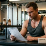 Muskulöser Athlet sitzt auf Hantelbank im Fitnessstudio und liest Prolaktin-Bluttest-Ergebnis neben Cabergolin Tabletten und Nandrolon Trenbolon Fläschchen zur Veranschaulichung der Prolaktin-Kontrolle unter 19-Nor-Steroiden
