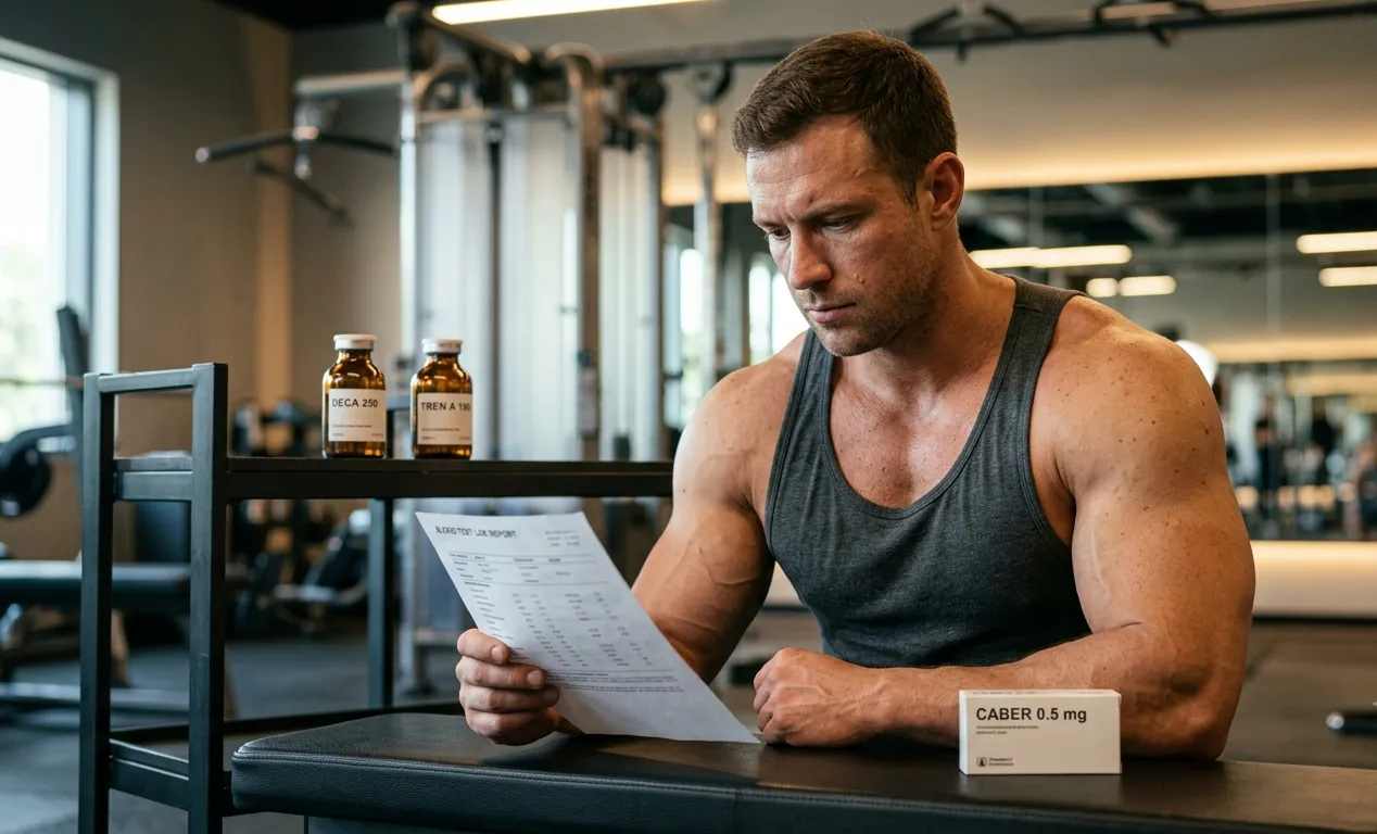 HomepageN 14 Muskulöser Athlet sitzt auf Hantelbank im Fitnessstudio und liest Prolaktin-Bluttest-Ergebnis neben Cabergolin Tabletten und Nandrolon Trenbolon Fläschchen zur Veranschaulichung der Prolaktin-Kontrolle unter 19-Nor-Steroiden