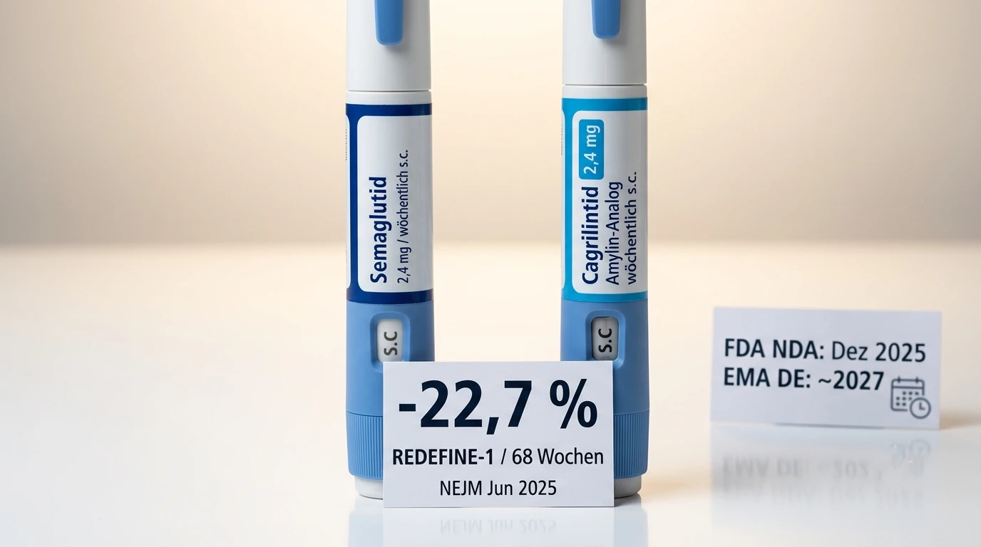 Cagrilintid und CagriSema: Was die REDEFINE-1- und REDEFINE-2-Phase-3 über den nächsten Schritt nach Semaglutid zeigen 14 Zwei-Fertigpen-CagriSema-Kombination – Semaglutid-2-4mg-Pen links und Cagrilintid-2-4mg-Amylin-Analog-Pen rechts nebeneinander mit minus-22-7-Prozent-REDEFINE-1-NEJM-Juni-2025-68-Wochen-Datenkarte und FDA-NDA-Dezember-2025-EMA-DE-frühestens-2027-Regulierungs-Timeline-Karte – GLP-1-Rezeptor-plus-Amylin-AMY1R-2R-3R-komplementäre-Sättigungsachsen, höchster-publizierter-nicht-chirurgischer-Gewichtsverlust-Adipositas, 60-2-Prozent-über-20-Prozent-Weight-Loss, DE-2026-nicht-zugelassen, Novo-Nordisk-Generation-4