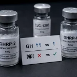GHRP-2-Pralmorelin-lyophilisiertes-Hexapeptid-Vial links-dominant neben GHRP-6-Vergleichs-Vial rechts ohne-Teller-Element mit GH-Potenz-höher-Hunger-milder-Vergleichskarte und CJC-1295-GHRH-Stack-Partner-Vial-Hintergrund – Ghrelin-Rezeptor-GHS-R1a-Agonist höhere-GH-pro-Mikrogramm-als-GHRP-6 milder-Appetit-Cutting-Recomp-Vorteil, Arvat-1997-leichter-dosisunabhängiger-ACTH-Cortisol-Anstieg, Japan-Pralmorelin-Diagnostik-Zulassung, Tachyphylaxie-Rotations-Strategie, kein-PCT-HPTA-unberührt