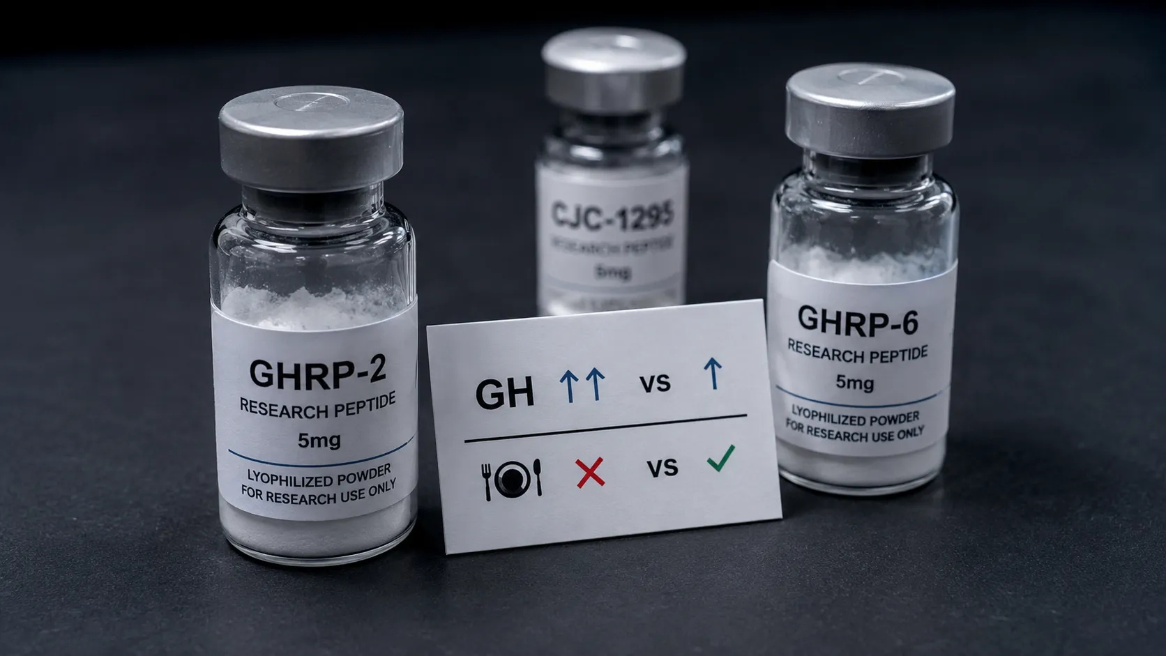 GHRP-2 (Pralmorelin): Wirkung, Dosierung und der direkte Vergleich zu GHRP-6 1 GHRP-2-Pralmorelin-lyophilisiertes-Hexapeptid-Vial links-dominant neben GHRP-6-Vergleichs-Vial rechts ohne-Teller-Element mit GH-Potenz-höher-Hunger-milder-Vergleichskarte und CJC-1295-GHRH-Stack-Partner-Vial-Hintergrund – Ghrelin-Rezeptor-GHS-R1a-Agonist höhere-GH-pro-Mikrogramm-als-GHRP-6 milder-Appetit-Cutting-Recomp-Vorteil, Arvat-1997-leichter-dosisunabhängiger-ACTH-Cortisol-Anstieg, Japan-Pralmorelin-Diagnostik-Zulassung, Tachyphylaxie-Rotations-Strategie, kein-PCT-HPTA-unberührt