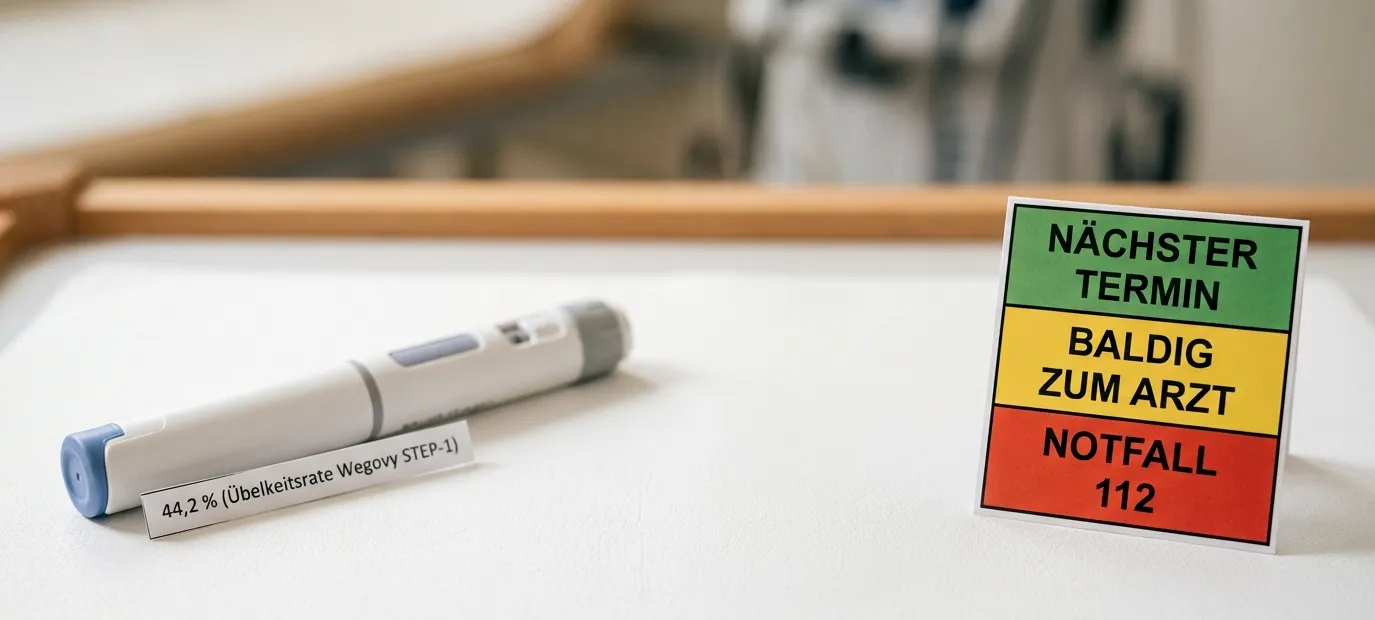 GLP-1-Autoinjektionspen neben kleinem-Teller-miniaturisierter-Portion-kleine-Mahlzeiten-Übelkeits-Management und dreistufiger-Warnzeichen-Ampelkarte-NOTFALL-112-Rot-baldig-Arzt-Gelb-nächster-Termin-Grün mit 44-2-Prozent-STEP-1-Übelkeitsrate-Karte – GLP-1-Klassenprofil Wegovy-44-2-Prozent-versus-Mounjaro-33-Prozent-versus-Ozempic-40-Prozent, Titration-wichtigste-Prävention-4-Wochen-Adaptation, Aspirationsrisiko-ASA-Guideline-2023-eine-Woche-vor-OP, §34-SGB-V-Selbstzahler-Wegovy-Mounjaro