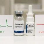 Gonadorelin-lyophilisiertes-GnRH-Decapeptid-Vial mit Kryptocur-Nasenspray-Rx-DE-Pendant neben grüner-pulsatiler-LH-Stimulations-Pulsdiagramm-Karte links und roter-kontinuierlicher-GnRH-Rezeptor-Downregulations-Suppressions-Linie rechts – pulsatil-versus-kontinuierlich-Paradox-pharmakologischer-Kern, GnRH-Rezeptor-Hypophyse-oberhalb-HCG-Leydig-Bypass, Hoffman-Crowley-1982-NEJM-CHH-Evidenz, Naelitz-2025-Nature-Reviews-Urology-theoretische-HCG-Alternative-unzureichend-validiert, kein-PCT-Protokoll-keine-RCTs