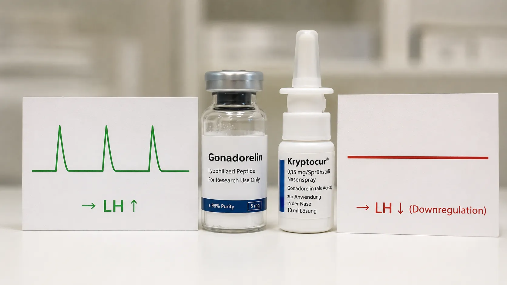 HomepageN 14 Gonadorelin-lyophilisiertes-GnRH-Decapeptid-Vial mit Kryptocur-Nasenspray-Rx-DE-Pendant neben grüner-pulsatiler-LH-Stimulations-Pulsdiagramm-Karte links und roter-kontinuierlicher-GnRH-Rezeptor-Downregulations-Suppressions-Linie rechts – pulsatil-versus-kontinuierlich-Paradox-pharmakologischer-Kern, GnRH-Rezeptor-Hypophyse-oberhalb-HCG-Leydig-Bypass, Hoffman-Crowley-1982-NEJM-CHH-Evidenz, Naelitz-2025-Nature-Reviews-Urology-theoretische-HCG-Alternative-unzureichend-validiert, kein-PCT-Protokoll-keine-RCTs