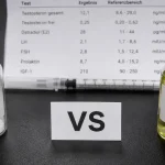 HGH-Somatropin-Fläschchen und Testosteron-Enantat-Fläschchen nebeneinander auf dunkler Laboroberfläche mit VS-Karte dazwischen — HGH vs Steroide Vergleich