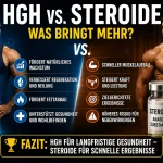 Somatropin-Fläschchen (HGH) neben einem Testosteron-Fläschchen und einer Spritze – Vergleich zwischen Wachstumshormon und anabolen Steroiden.