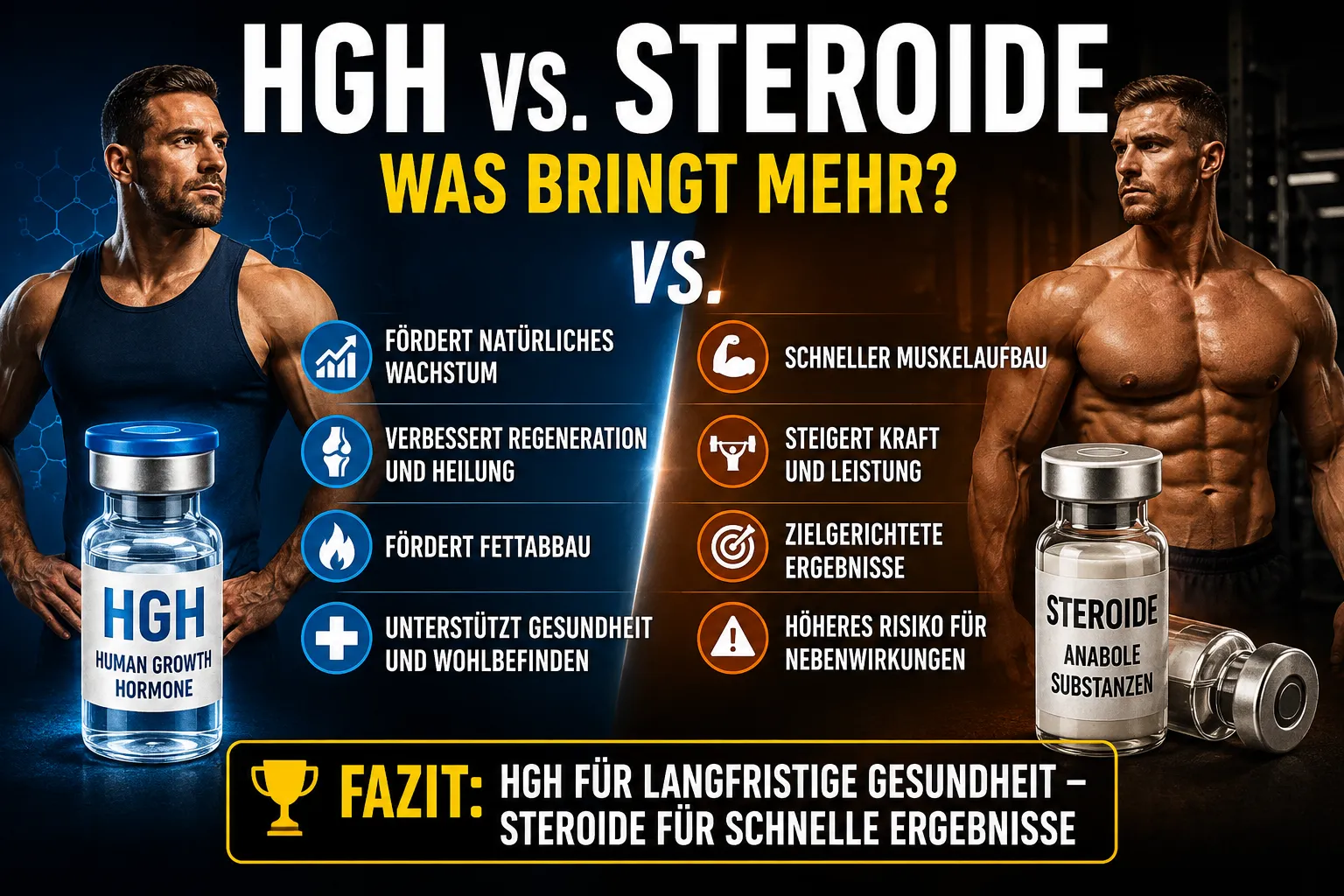 HomepageN 14 Somatropin-Fläschchen (HGH) neben einem Testosteron-Fläschchen und einer Spritze – Vergleich zwischen Wachstumshormon und anabolen Steroiden.