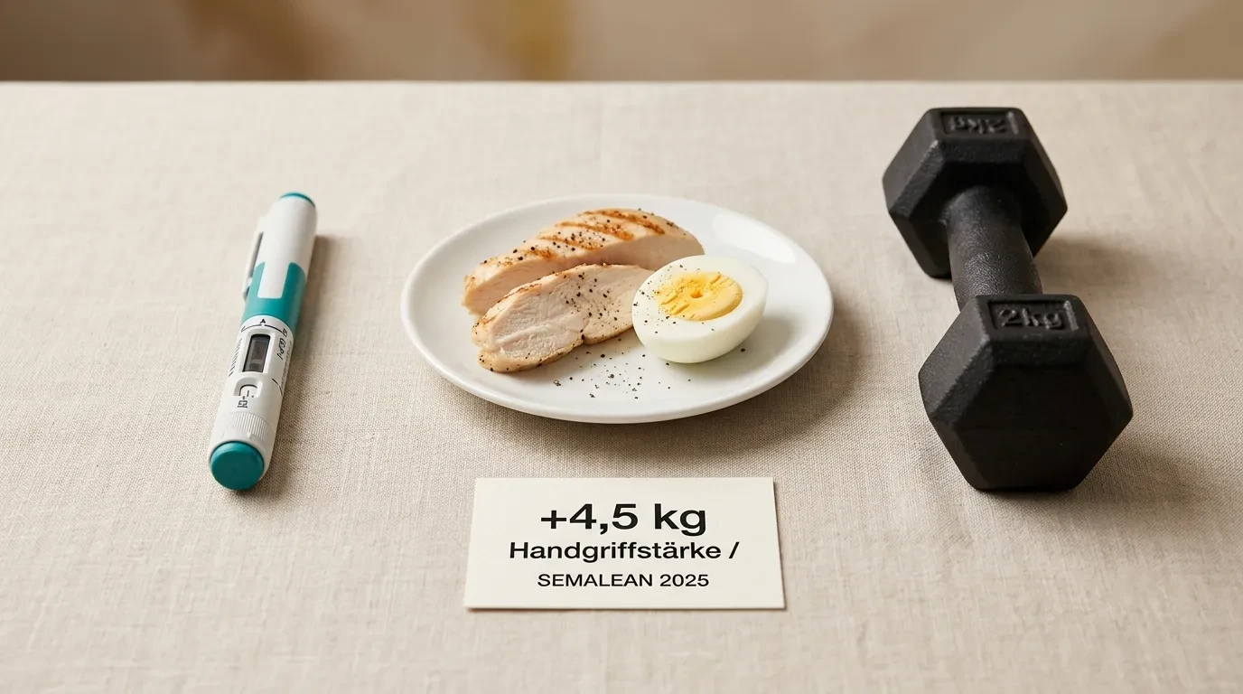 Muskelverlust unter GLP-1 (Ozempic, Wegovy, Mounjaro): Wie Krafttraining und Protein die Magermasse schützen 16 GLP-1-Autoinjektionspen neben Protein-Teller-Hühnerbrust-Leucin-Threshold-Mahlzeit und kleiner-Hantel-Krafttraining-Element mit SEMALEAN-2025-plus-4-5-kg-Handgriffstärke-Datenkarte – drei-Muskelerhalt-Interventionen: Krafttraining-2-3-mal-wöchentlich-Sardeli-2018-93-5-Prozent-Muskelverlust-verhindert, Protein-1-2-bis-1-6-g-pro-kg-Zielgewicht-25-35g-Mahlzeit-mTOR-Leucin-Aktivierung, moderates-Kaloriendefizit-0-5-bis-1-Prozent-KG-Woche, Kreatin-Monohydrat-3-5g-Evidenz