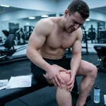 Muskulöser Athlet sitzt auf Hantelbank im Fitnessstudio und hält sein schmerzendes Knie neben Anastrozol Blisterpackung und Bluttest mit niedrigem Östradiol E2 Wert als Beispiel für Symptome von zu niedrigem Östrogen nach Aromatasehemmer Überdosierung