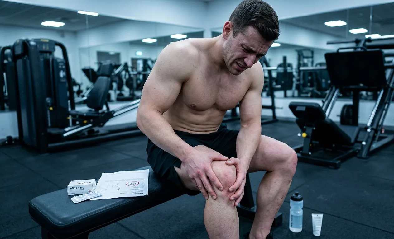HomepageN 13 Muskulöser Athlet sitzt auf Hantelbank im Fitnessstudio und hält sein schmerzendes Knie neben Anastrozol Blisterpackung und Bluttest mit niedrigem Östradiol E2 Wert als Beispiel für Symptome von zu niedrigem Östrogen nach Aromatasehemmer Überdosierung