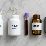 On-Cycle-Support Protokoll mit TUDCA, NAC und Omega-3 Flaschen, Blutdruckmessgerät und Blutröhrchen – Leberschutz während der Steroidkur