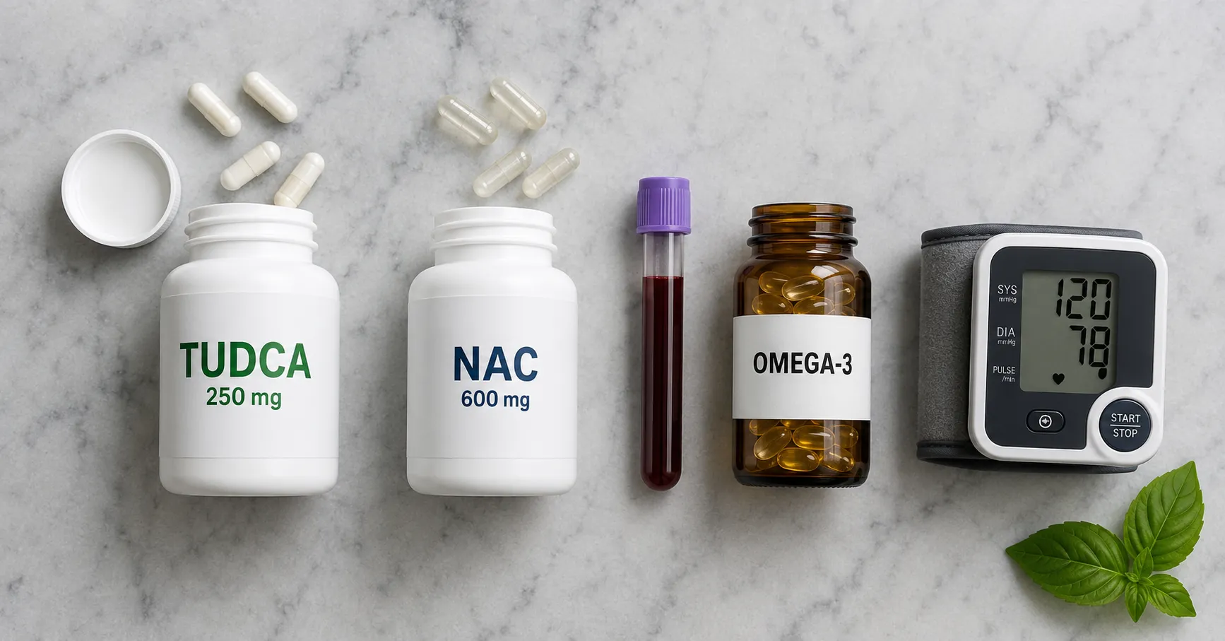 HomepageN 14 On-Cycle-Support Protokoll mit TUDCA, NAC und Omega-3 Flaschen, Blutdruckmessgerät und Blutröhrchen – Leberschutz während der Steroidkur