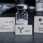 Generischer-lyophilisierter-Research-Peptid-Vial mit drei-Risikodomänen-Indikatoren – HPLC-Chromatogramm-Reinheits-5-75-Prozent-Karte links (Qualitäts-Verunreinigungsdomäne), Anti-Drug-Antibody-ADA-Immunogenitäts-Karte Mitte und FDA-Category-2-September-2023-19-Peptide-Regulatorische-Karte rechts – Peptide-Nebenwirkungen-Pillar: Janvier-2018-Talanta-PMID-30029448-Reinheit-5-75-Prozent-26-Prozent-Arsen-Blei-über-ICH, 2026er-6441-Proben-15-Prozent-Endotoxin-41-bis-71-Prozent-Qualitätskriterien-gescheitert, Roberts-2024-ADA-Immunogenität, COA-Janoshik-3-Zonen-Risiko-Rahmen