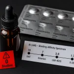 S-23-Aryl-Propionamid-SARM-Research-Chemical-Amber-Tropfflasche neben Ki-Bindungsaffinitäts-Vergleichsskala DHT-10nM-Ostarine-3-8nM-S-23-1-7nM-stärkster-Wert und rotem-Null-Humanstudien-Warnsignal mit Tamoxifen-PCT-Blister-Hintergrund – stärkster-Androgenrezeptor-Vollagonist, ursprüngliches-Entwicklungsziel-hormonelles-Männer-Kontrazeptivum-GTx-James-Dalton-2004, Jones-2009-Endocrinology-100-Prozent-Infertilität-Ratten-LH-Suppression-50-Prozent-ab-0-1mg, null-Humanstudien, PCT-zwingend