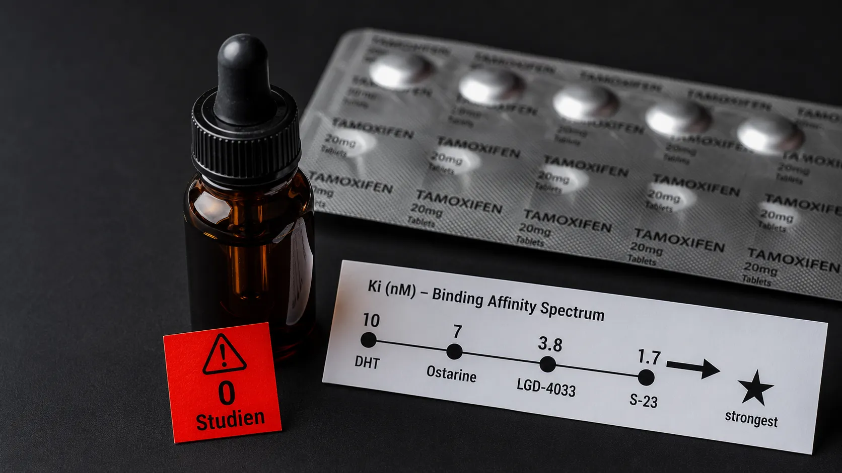 S-23 SARM: Das stärkste SARM? Wirkung, Suppression & Risiken 1 S-23-Aryl-Propionamid-SARM-Research-Chemical-Amber-Tropfflasche neben Ki-Bindungsaffinitäts-Vergleichsskala DHT-10nM-Ostarine-3-8nM-S-23-1-7nM-stärkster-Wert und rotem-Null-Humanstudien-Warnsignal mit Tamoxifen-PCT-Blister-Hintergrund – stärkster-Androgenrezeptor-Vollagonist, ursprüngliches-Entwicklungsziel-hormonelles-Männer-Kontrazeptivum-GTx-James-Dalton-2004, Jones-2009-Endocrinology-100-Prozent-Infertilität-Ratten-LH-Suppression-50-Prozent-ab-0-1mg, null-Humanstudien, PCT-zwingend