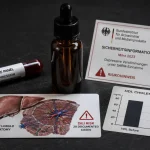 Generischer-SARM-Amber-Research-Chemical-Dropper umgeben von drei-Organ-System-Warnindikatoren – Blutabnahme-Vacutainer-HPTA-Suppression-Testosteron-LH-FSH links, Leber-Anatomie-DILI-20-Fälle-Leciejewska-2024 Mitte-unten, HDL-Vor-Nach-Balkendiagramm-Lipidkollaps rechts