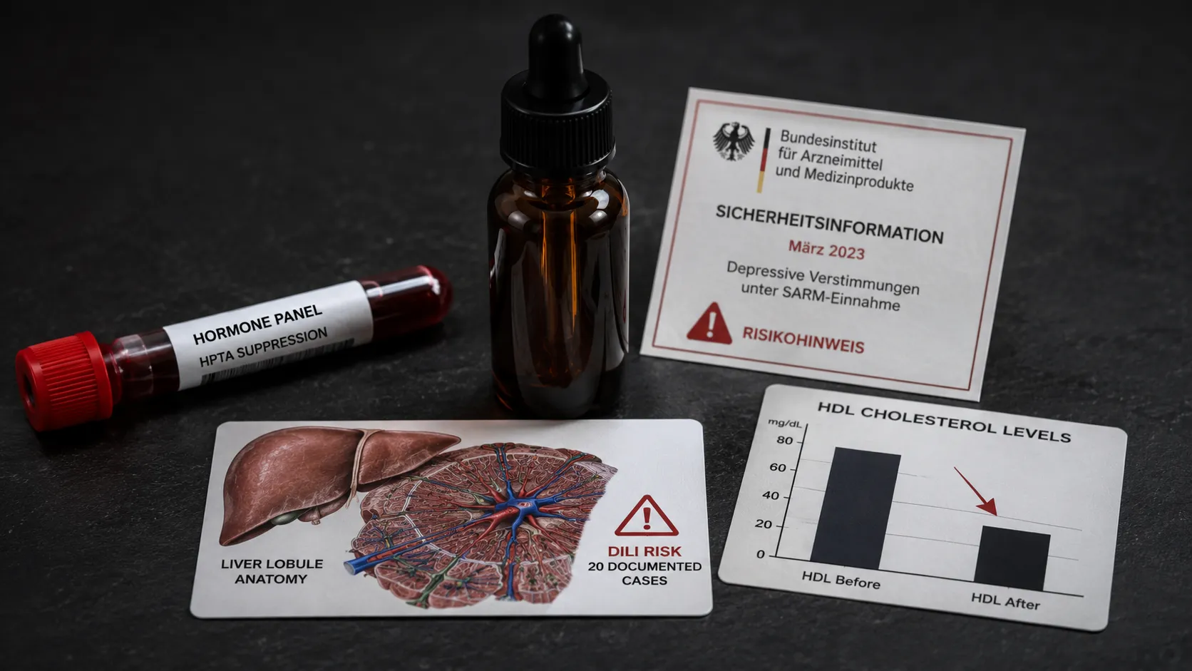 HomepageN 15 Generischer-SARM-Amber-Research-Chemical-Dropper umgeben von drei-Organ-System-Warnindikatoren – Blutabnahme-Vacutainer-HPTA-Suppression-Testosteron-LH-FSH links, Leber-Anatomie-DILI-20-Fälle-Leciejewska-2024 Mitte-unten, HDL-Vor-Nach-Balkendiagramm-Lipidkollaps rechts