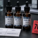 Drei-SARM-Amber-Research-Chemical-Dropper-Flaschen in Stapel-Cluster-Formation mit Vier-Ziel-Achsen-Karte Bulk-Cut-Recomp-Endurance und rotem-70-Prozent-Van-Wagoner-2017-Kontaminations-Warntag – pharmakologisch-sinnvolle-SARM-Stacks: Bulking-LGD-4033-plus-RAD-140-additive-Suppression, Cutting-Ostarine-plus-Cardarine-PPAR-delta, Recomp-Ostarine-plus-MK-677, Endurance-Cardarine-plus-SR9009-non-hormonell, additive-HPTA-Leber-Lipide-Nebenwirkungen und Attributionsproblem-bei-Stack-Nebenwirkungen
