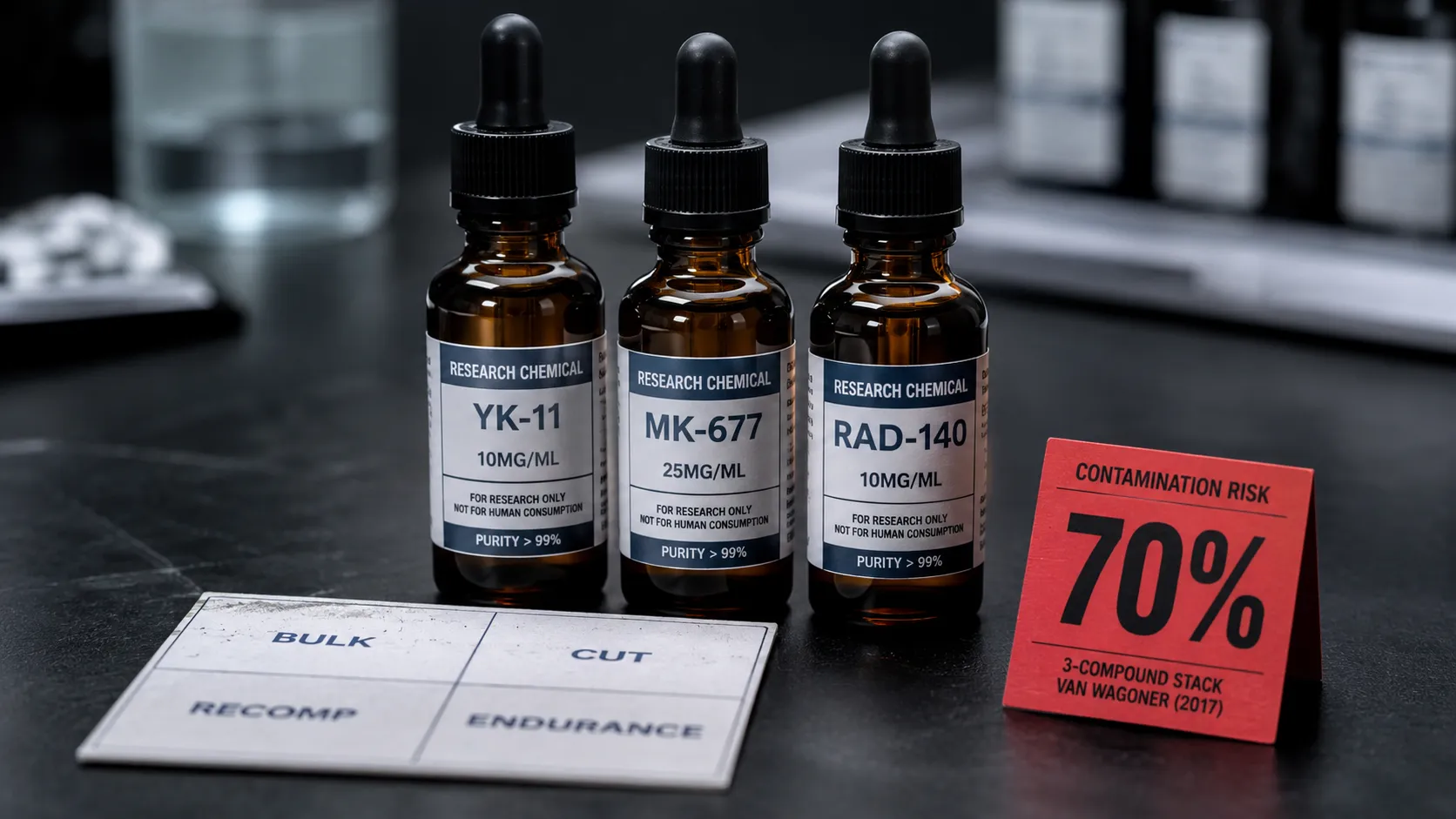 SARMs Stacks nach Ziel: Welche Kombinationen für Bulk, Cut und Recomp diskutiert werden 1 Drei-SARM-Amber-Research-Chemical-Dropper-Flaschen in Stapel-Cluster-Formation mit Vier-Ziel-Achsen-Karte Bulk-Cut-Recomp-Endurance und rotem-70-Prozent-Van-Wagoner-2017-Kontaminations-Warntag – pharmakologisch-sinnvolle-SARM-Stacks: Bulking-LGD-4033-plus-RAD-140-additive-Suppression, Cutting-Ostarine-plus-Cardarine-PPAR-delta, Recomp-Ostarine-plus-MK-677, Endurance-Cardarine-plus-SR9009-non-hormonell, additive-HPTA-Leber-Lipide-Nebenwirkungen und Attributionsproblem-bei-Stack-Nebenwirkungen