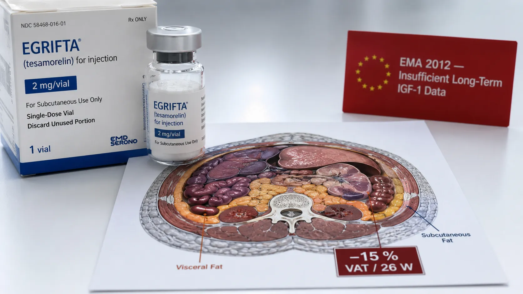 HomepageN 13 Tesamorelin-lyophilisiertes-GHRH-44-Aminosäuren-Vial mit Egrifta-pharmazeutischer-Verpackung-FDA-aktiv-2010 neben abdominaler-Querschnittssilhouette-VAT-Kompartment-orange-hervorgehoben-minus-15-Prozent-26-Wochen-Datenkarte und EMA-2012-Ablehnung-unzureichende-IGF-1-Langzeitsicherheitsdaten-Karte – einziges-aktives-GHRH-Analogon-FDA-zugelassen-Egrifta-WR-2025, viszeralfett-spezifisch-nicht-subkutan, Stanley-2019-Lancet-HIV-minus-32-Prozent-Leberfett, WADA-S2-2-4, kein-PCT