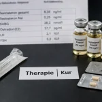 Einzelnes Testosteron-Fläschchen für TRT neben einem Stack aus vier Fläschchen und oralen Steroiden für eine Kur — mit Karte 'Therapie vs Kur' dazwischen auf dunkler Laboroberfläche