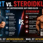 Testosteron-Fläschchen mit Spritze und Laborbefund – Vergleich zwischen therapeutischer TRT-Dosierung und supraphysiologischer Steroid-Kur.