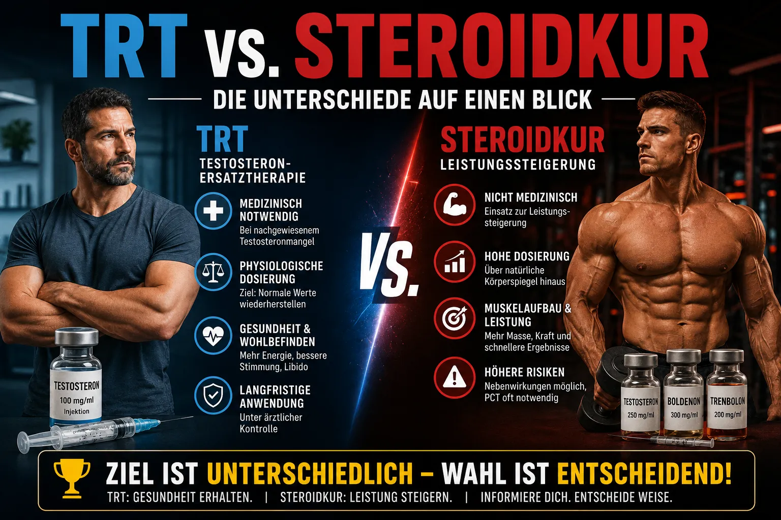 HomepageN 15 Testosteron-Fläschchen mit Spritze und Laborbefund – Vergleich zwischen therapeutischer TRT-Dosierung und supraphysiologischer Steroid-Kur.